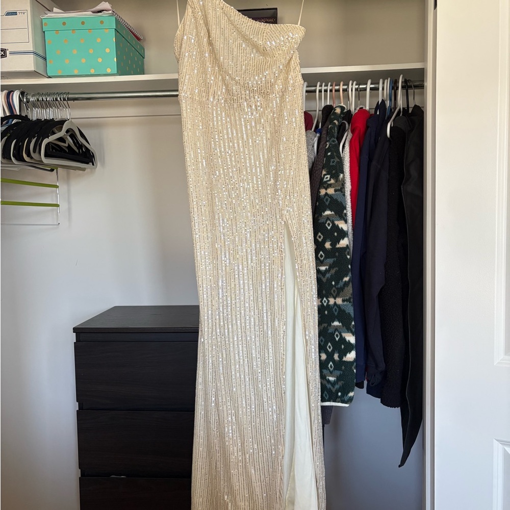 YaYa Champagne Sequin One-Shoulder Maxi Dress